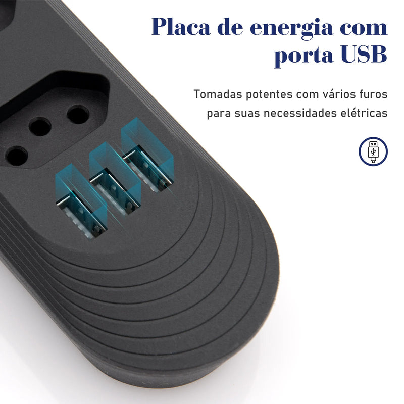 Tomada de energia Extensão De 4 Tomadas Com 3 Usb Branco Bivolt 2 Metros Preto