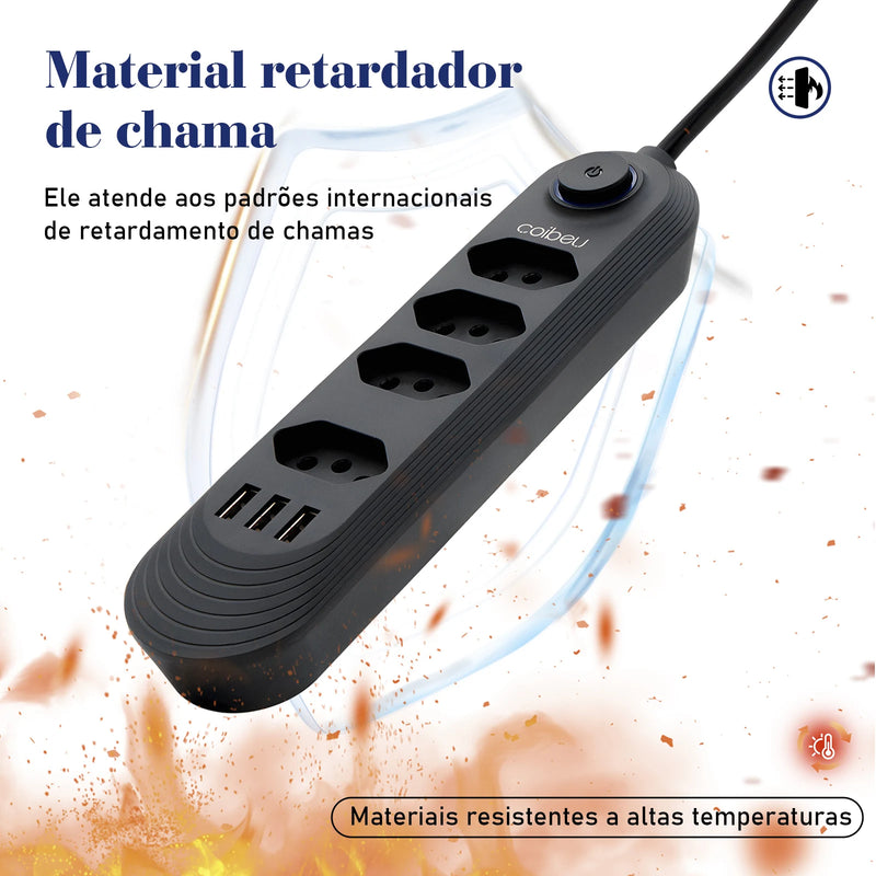 Tomada de energia Extensão De 4 Tomadas Com 3 Usb Branco Bivolt 2 Metros Preto