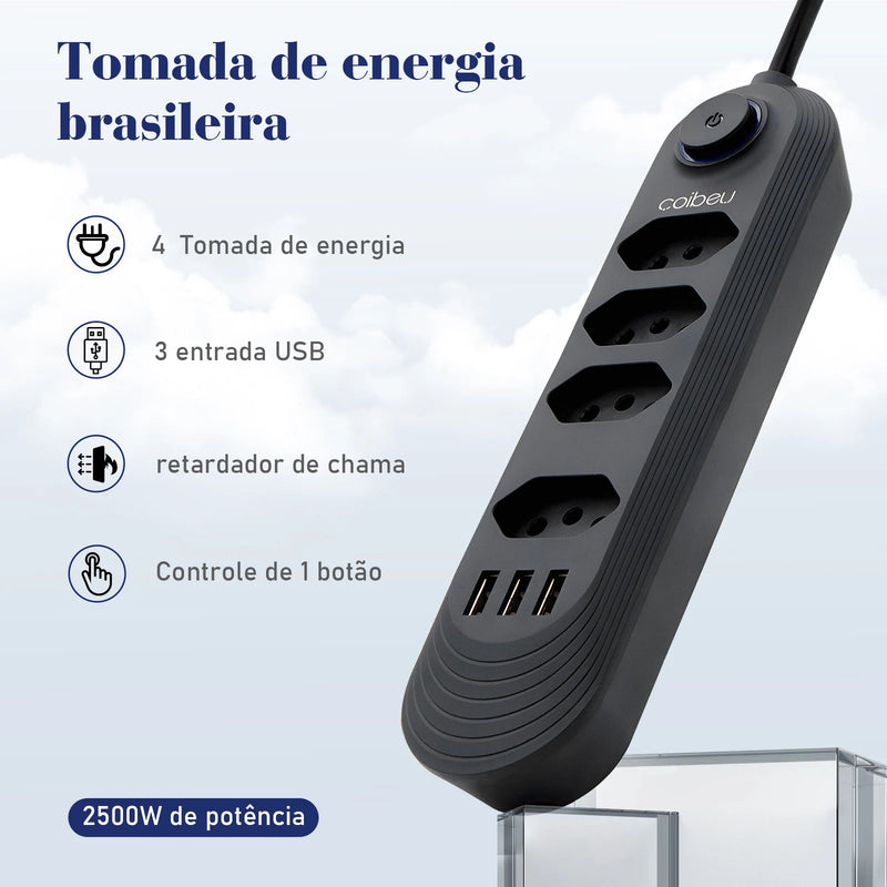 Tomada de energia Extensão De 4 Tomadas Com 3 Usb Branco Bivolt 2 Metros Preto