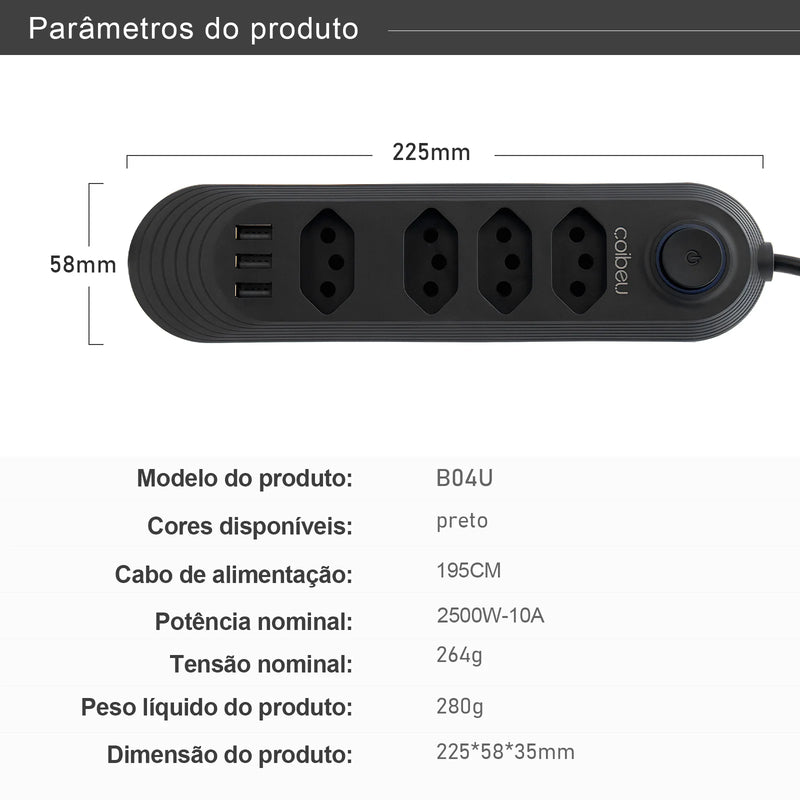 Tomada de energia Extensão De 4 Tomadas Com 3 Usb Branco Bivolt 2 Metros Preto